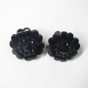 Black Glass Flower Earrings Vintage Czechoslovakia Screwback Floral